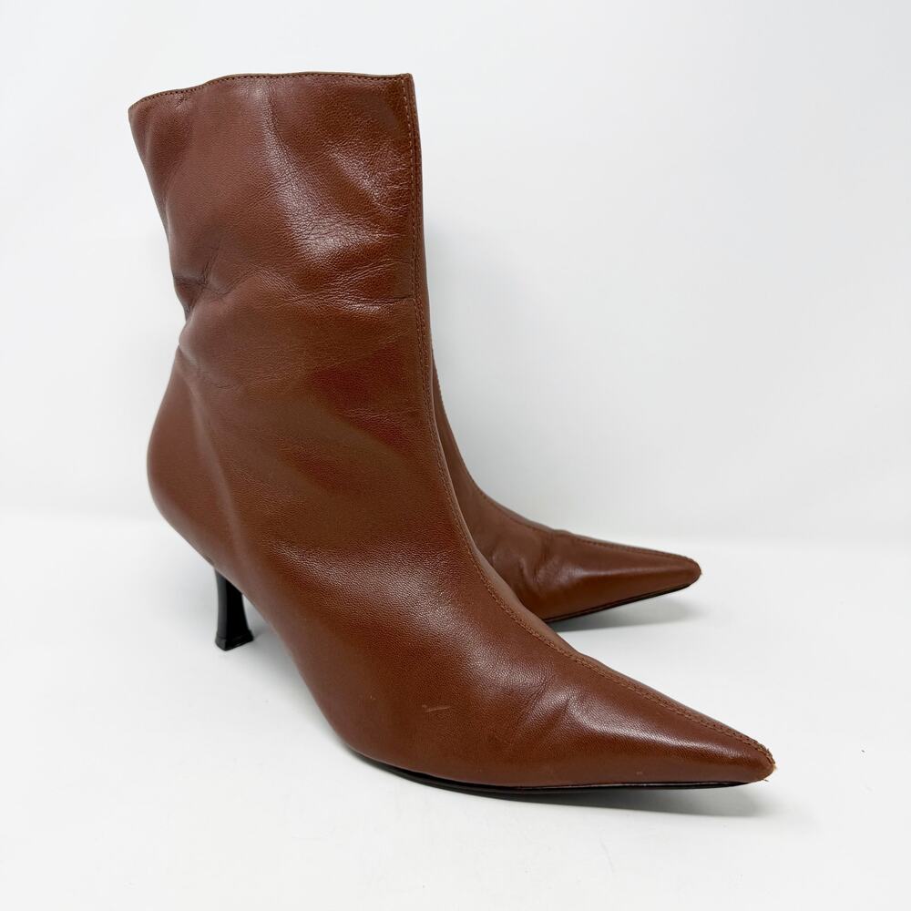 Arezzo Brown Leather Pointy Toe Stiletto Boots Women's 9 Made in Brazil Side Zip